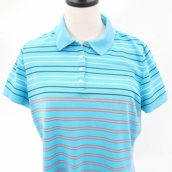 Nike Golf Dri-Fit XL‎ Teal Stripd Metal Snap Buttons Collared Polo Short Sleeve - Picture 1 of 10